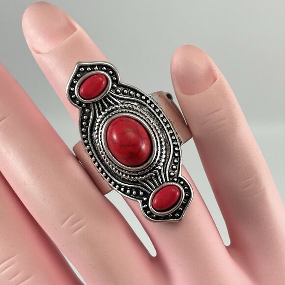 Red Howlite Silver Tone Art Deco Gothic Stretch Band Ring Adjustable Fashion - Picture 2 of 6